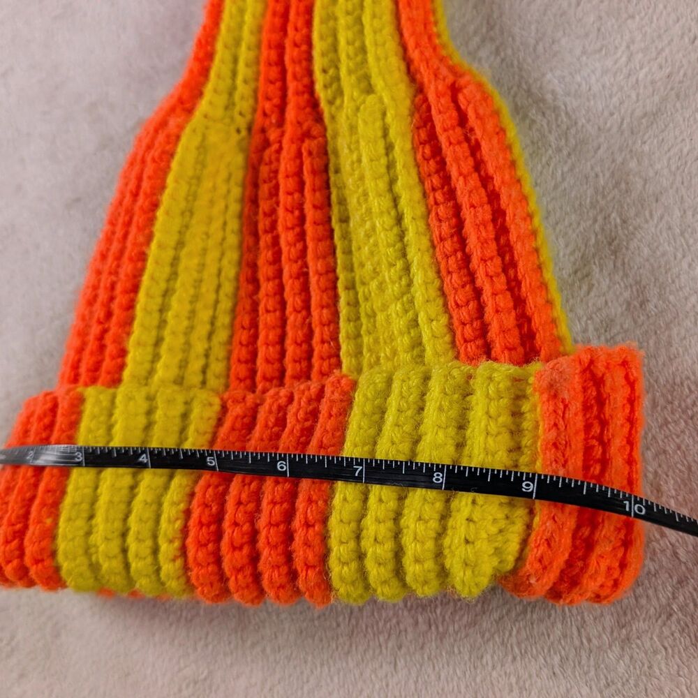 Crochet Knit Long Pom Pom Beanie Hat Unisex Orange Yellow Vintage Striped - Picture 3 of 4